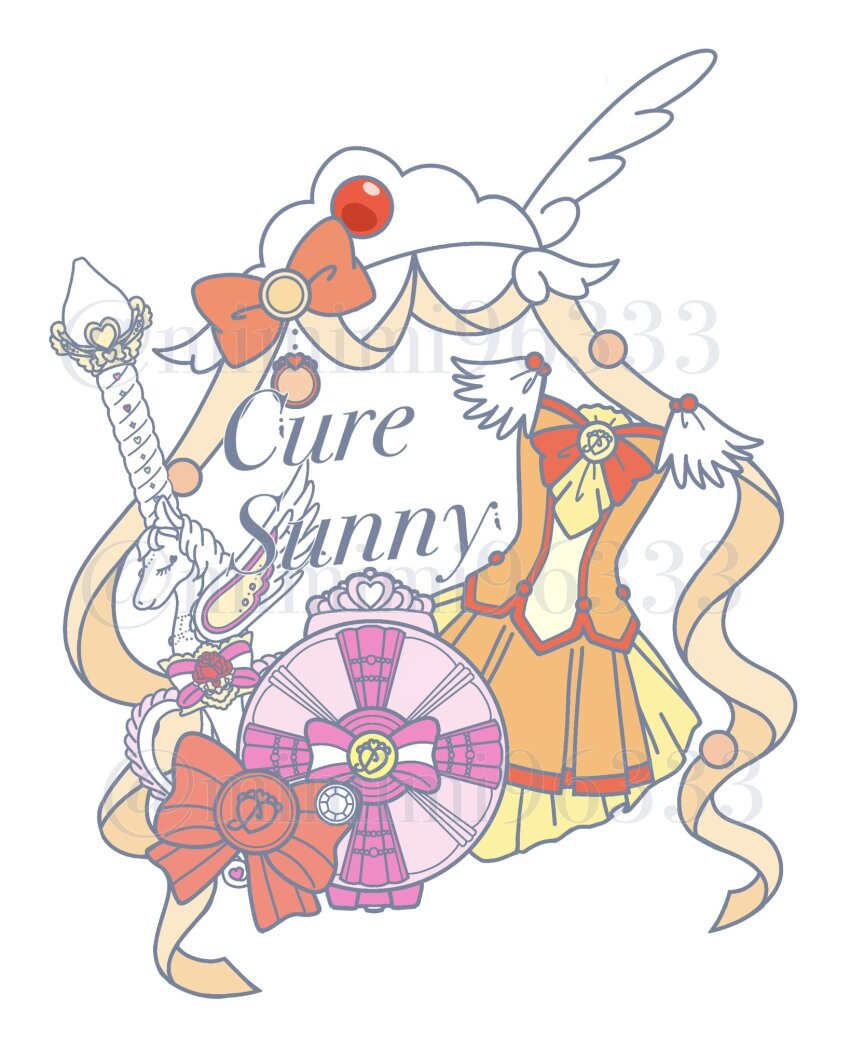 ascot bow bowtie brooch character_name clothes_only compact_(cosmetics) cosmetics cure_sunny feather_sleeves hair_ornament highres jewelry magical_girl mimimi96333 miniskirt no_humans orange_bow orange_bowtie orange_ribbon orange_shirt orange_skirt pleated_skirt precure ribbon shirt short_sleeves simple_background skirt skirt_set smile_pact smile_precure! tiara train_(clothing) twitter_username unicorn wand watermark white_background white_sleeves wing_hair_ornament yellow_ascot