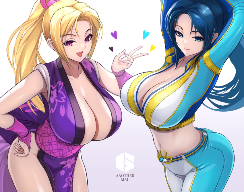 blonde_hair breasts cleavage ema_(emaura) fatal_fury fatal_fury:_city_of_the_wolves floral_print high_ponytail large_breasts looking_at_viewer official_alternate_color ponytail purple_eyes revealing_clothes shiranui_mai street_fighter street_fighter_6