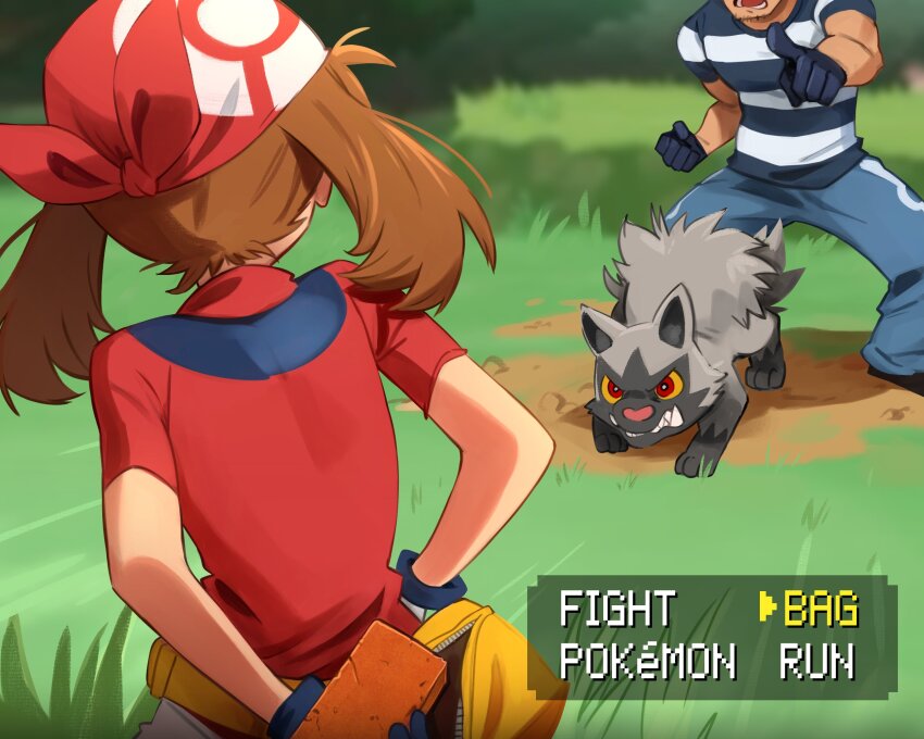 1boy 1girl absurdres arched_back arm_behind_back bandana black_gloves black_shirt blue_gloves blue_pants bowlegged_pose brick brown_hair cheating_(competitive) clenched_hand collared_shirt day dialogue_options faceless faceless_male facing_away fanny_pack foliage from_behind gameplay_mechanics gen_3_pokemon gloves grass growling head_out_of_frame highres holding improvised_weapon index_finger_raised khyle. may_(pokemon) nintendo outdoors pants pointing pointing_at_another pokemon pokemon_rse poochyena red_bandana red_shirt revision shirt short_sleeves striped_clothes striped_shirt t-shirt team_aqua_grunt two-tone_shirt upper_body v-shaped_eyes white_shirt yellow_bag