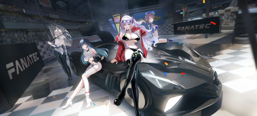 4girls :d absurdres ahoge animal_ears arm_support ass azur_lane back baltimore_(azur_lane) baltimore_(azur_lane)_(cosplay) baltimore_(finish_line_flagbearer)_(azur_lane) bare_shoulders bikini black_bikini black_choker black_leotard black_pantyhose black_thighhighs blue_bikini blue_eyes blue_footwear blue_hair blue_headwear blue_jacket blue_shorts boots breasts brown_eyes brown_hair bugatti car character_request chest_harness choker cleavage closed_mouth clothes_writing collarbone confetti cosplay cosplay_request covered_navel cropped_jacket crossed_legs earrings elbow_gloves eyewear_on_head fingerless_gloves fox_ears full_body genshin_impact gloves hair_between_eyes hand_up harness hat heart heart-shaped_pupils heart_earrings high_heels highleg highleg_bikini highres jacket jewelry kanami_(strinova) large_breasts leotard long_hair looking_at_viewer looking_to_the_side micro_shorts mismatched_bikini motor_vehicle multi-strapped_bikini_bottom multi-strapped_bikini_top multicolored_hair multicolored_leotard multiple_girls name_tag navel on_car one_eye_closed open_mouth pantyhose partially_fingerless_gloves peaked_cap pink_hair race_queen red_jacket see-through_cleavage see-through_clothes shadow shenhe_(genshin_impact) shenhe_(genshin_impact)_(cosplay) short_hair shorts side_ponytail sidelocks sitting smile standing stomach strinova sunglasses swimsuit symbol-shaped_pupils taihou_(azur_lane) taihou_(azur_lane)_(cosplay) taihou_(enraptured_companion)_(azur_lane) teeth thigh_boots thigh_strap thighband_pantyhose thighhighs transparent transparent_umbrella two-tone_hair two-tone_leotard umbrella underbust upper_teeth_only white_footwear white_gloves white_hair white_leotard white_pantyhose yuyiosang