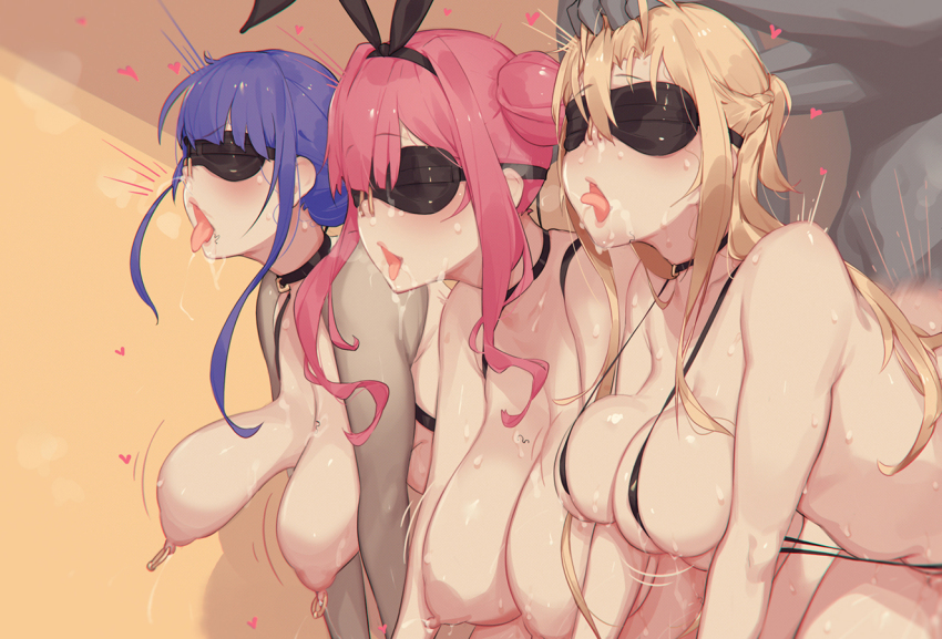 2boys 3girls ahegao asuna_(sao) azur_lane black_choker black_one-piece_swimsuit black_slingshot_swimsuit blindfold bouncing_breasts braid breasts bremerton_(azur_lane) bremerton_(kung_fu_cruiser)_(azur_lane) brown_hair caisan choker commentary_request genshin_impact grabbing_another&#039;s_hair grey_hair hair_bun half_up_braid hetero implied_sex large_breasts long_hair motion_lines multiple_boys multiple_girls netorare nipple_piercing nipple_rings nipples nose_hook nude official_alternate_hairstyle one-piece_swimsuit open_mouth piercing pink_hair purple_hair raiden_shogun sex sex_from_behind simple_background slingshot_swimsuit swimsuit sword_art_online tongue tongue_out