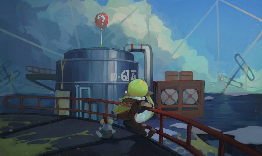 1girl against_railing asymmetrical_sidelocks backpack bag balloon black_pants blonde_hair blue_sky braided_sidelock cloud cloudy_sky commentary creature day facing_away from_above fur-trimmed_collar fur_trim highres ink_tank_(splatoon) inkling inkling_girl inkling_player_character liang_cun_rakuna nintendo oil_silo outdoors pants pointy_ears radio_antenna railing shirt short_hair_with_long_locks sky sleeveless sleeveless_shirt smallfry_(splatoon) solo splatoon_(series) splatoon_3 symbol-only_commentary toeless_footwear wide_shot