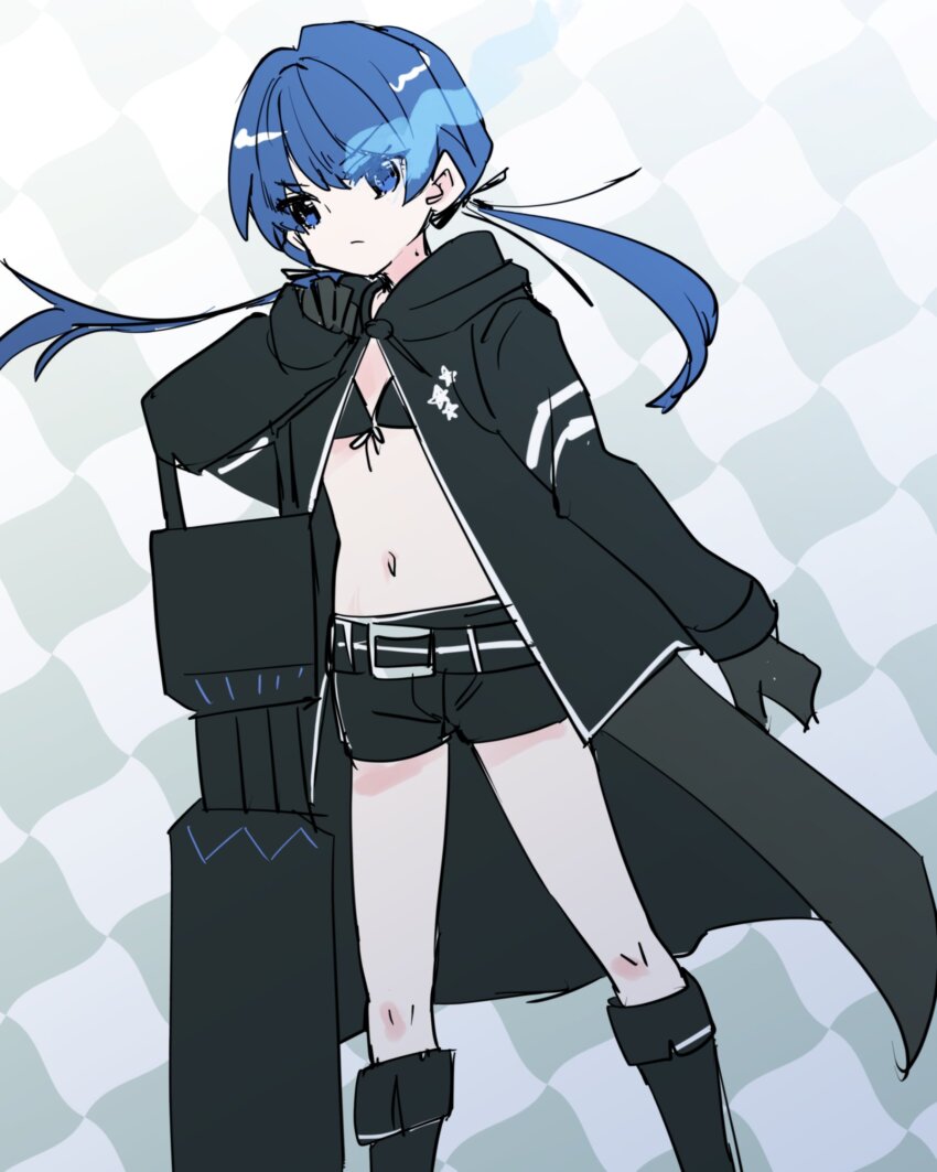 1girl alternate_costume arm_at_side bikini bikini_top_only black_bikini black_boots black_gloves black_jacket black_ribbon black_rock_shooter black_rock_shooter_(character) black_rock_shooter_(character)_(cosplay) black_shorts blue_eyes blue_hair boots borrowed_clothes cannon checkered_background closed_mouth commentary_request cosplay dark_blue_hair feet_out_of_frame floating_hair frown gloves gradient_background grey_background hair_ribbon hand_up highres hood hooded_jacket jacket kanduki_kamibukuro knee_boots link!_like!_love_live! long_hair long_sleeves looking_at_viewer love_live! mole mole_on_neck murano_sayaka open_clothes open_jacket ribbon shorts solo standing swimsuit v-shaped_eyebrows virtual_youtuber