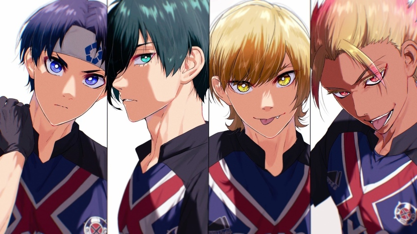 4boys bl_111252 black_gloves blonde_hair blue_eyes blue_hair blue_lock blue_shirt charles_chevalier closed_mouth dark-skinned_male dark_skin fang gloves green_eyes green_hair headband highres itoshi_rin looking_at_viewer male_focus multicolored_hair multiple_boys nanase_nijirou pink_eyes pink_hair shidou_ryuusei shirt simple_background soccer_uniform sportswear tongue tongue_out white_background yellow_eyes
