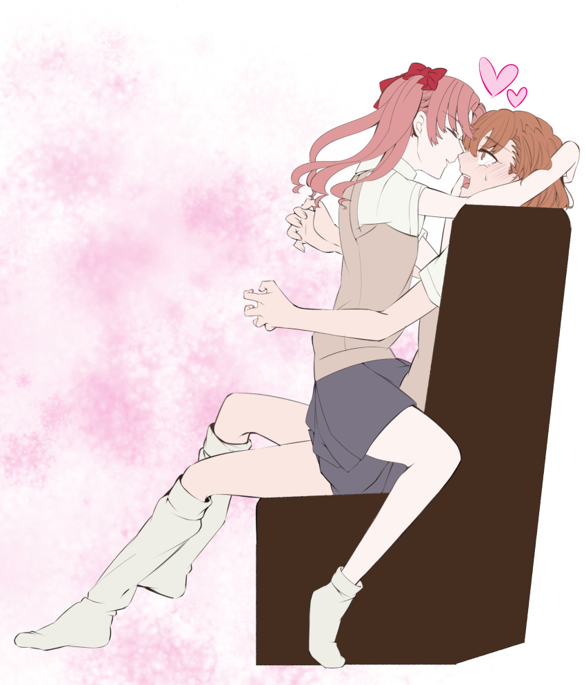 2girls absurdres arms_around_neck black_skirt blush bow brown_eyes brown_hair brown_sweater_vest closed_eyes commentary_request hair_bow hair_ribbon heart higashizukihi_sei highres imminent_kiss long_hair looking_at_another loose_socks misaka_mikoto multiple_girls open_mouth pink_hair pleated_skirt red_bow red_ribbon ribbon school_uniform shirai_kuroko shirt short_sleeves sitting skirt smile socks straddling summer_uniform sweatdrop sweater_vest toaru_kagaku_no_railgun toaru_majutsu_no_index tokiwadai_school_uniform twintails upright_straddle white_socks wide-eyed yuri