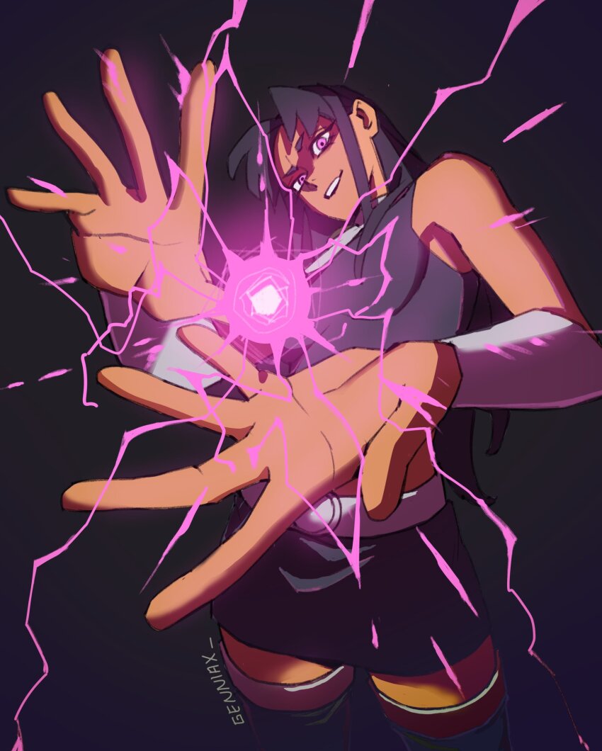 1girl artist_name black_background black_hair black_shirt black_skirt blackfire dc_comics genniax highres long_hair looking_at_viewer magic miniskirt pink_eyes shirt simple_background skirt sleeveless sleeveless_shirt solo teen_titans