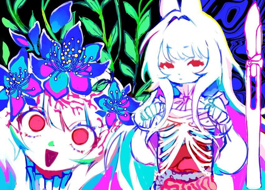 1girl absurdres animal_ears closed_mouth clothes_lift colored_skin commentary english_commentary entrails faust_(nonsensemanna) flower hair_flower hair_intakes hair_ornament highres leaf lifting_own_clothes long_hair long_sleeves looking_at_viewer multiple_views nonsensemanna open_mouth organs original plant rabbit_ears red_eyes ribs shirt_lift upper_body white_hair white_skin
