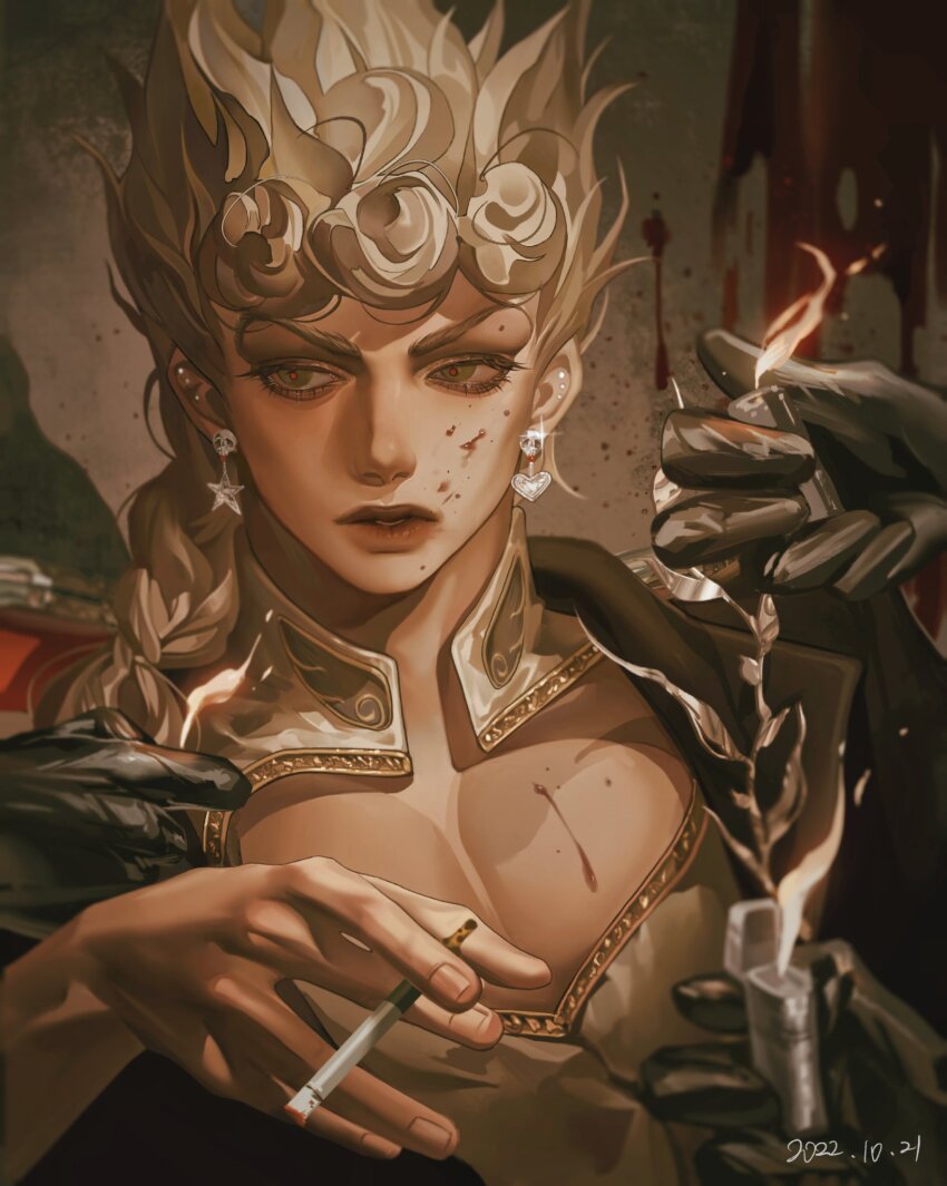 1boy 3others black_gloves blonde_hair blood blood_on_face braid cigarette dated earrings giorno_giovanna gloves heart highres holding holding_cigarette holding_lighter jewelry jojo_no_kimyou_na_bouken lighter long_hair looking_to_the_side male_focus mismatched_earrings multiple_others parted_lips pectorals qvlv_kuzi_feichuan single_braid solo_focus star_(symbol) the_godfather vento_aureo