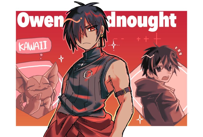 1girl 2boys bare_shoulders black_hair black_shirt border brown_jacket character_name cowboy_shot dark-skinned_male dark_skin digimon digimon_(creature) digimon_card_game digimon_liberator elizamon hair_over_one_eye highres jacket kazama_shoto megane_mochi multiple_boys owen_dreadnought red_background romaji_text shirt simple_background solo_focus tied_jacket white_border