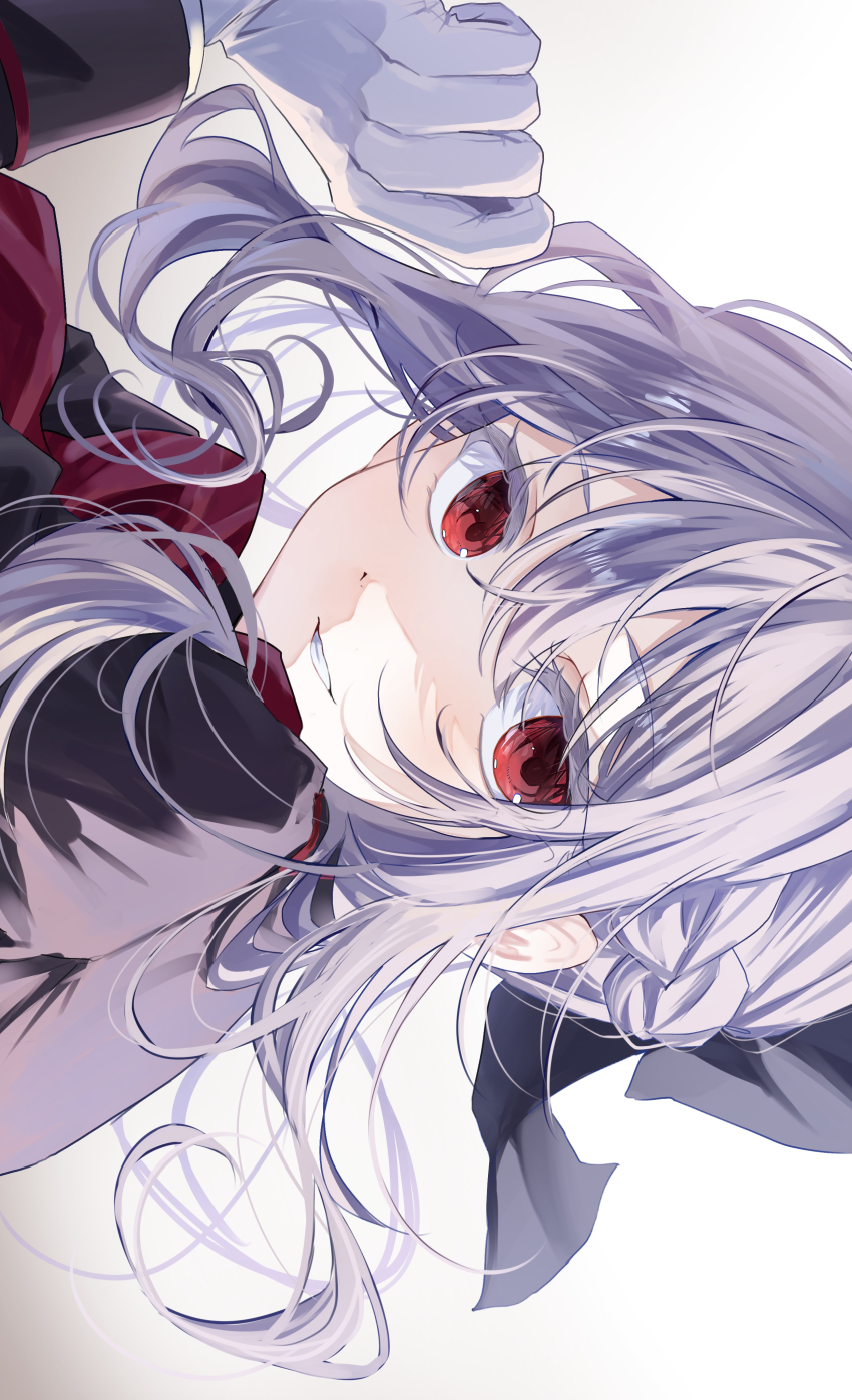 1girl absurdres black_bow bow commentary_request double-parted_bangs gloves hair_bow highres hiiragi_shinoa looking_at_viewer mahiru_yura owari_no_seraph purple_hair red_bow red_eyes sidelocks smile solo teeth upper_body white_background white_gloves
