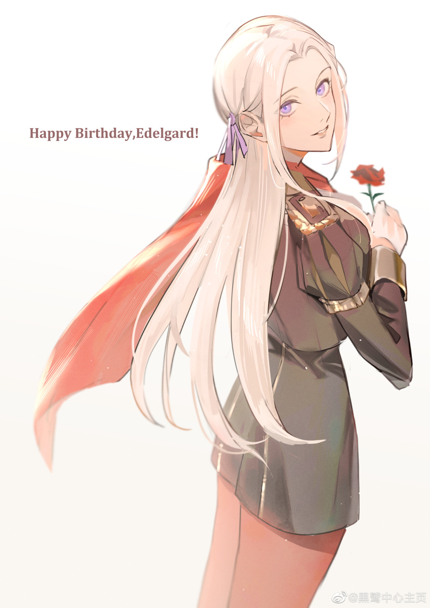 1girl absurdres black_shorts bow edelgard_von_hresvelg fire_emblem fire_emblem:_three_houses flower garreg_mach_monastery_uniform gloves hei_jiu_zhong_xin_zhu_ye highres long_hair nintendo purple_bow purple_eyes rose shorts smile white_gloves white_hair
