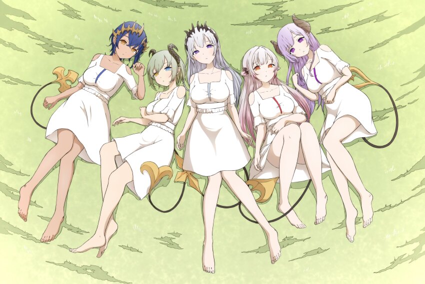 5girls absurdres alternate_costume aruha barefoot black_horns blue_eyes blue_hair breasts brown_horns clothing_cutout demon_girl demon_horns demon_tail dress full_body gradient_hair green_hair grey_hair heterochromia highres honey_strap horns large_breasts long_hair looking_at_viewer lying multicolored_hair multiple_girls nanashi_inc. on_back on_ground open_mouth pink_hair pointy_ears purple_eyes purple_hair saionji_mary sekishiro_mico shimamura_charlotte short_hair shoulder_cutout sougetsu_eli suou_patra tail tan virtual_youtuber white_dress yellow_eyes