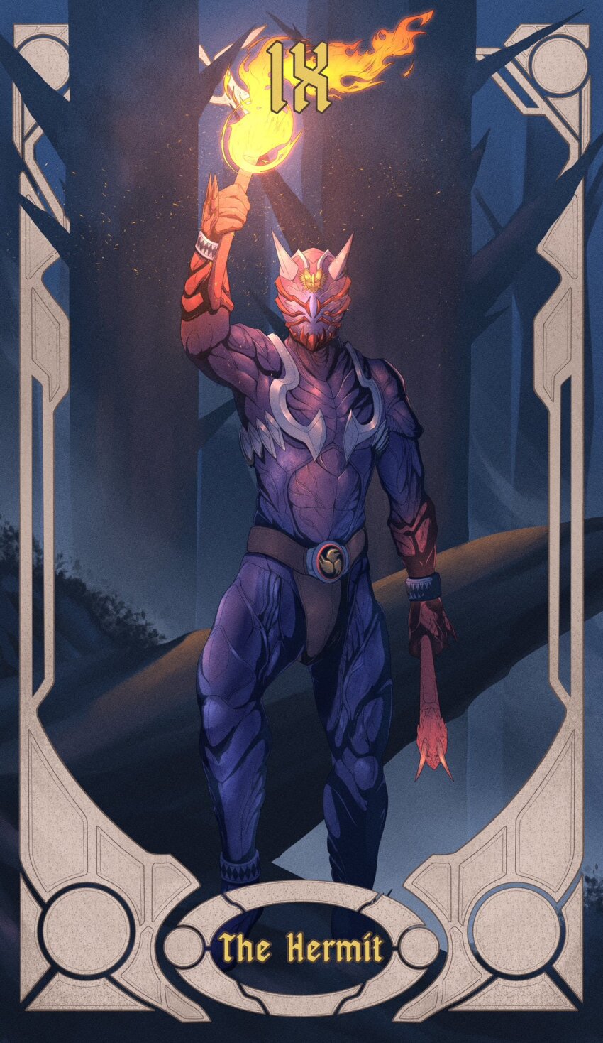 1boy armor belt bodysuit card_(medium) drumsticks english_text fire forest giganticbrush gloves helmet highres holding holding_torch holding_weapon horns kamen_rider kamen_rider_hibiki kamen_rider_hibiki_(series) looking_at_viewer male_focus mask nature ongekibou_rekka oni outdoors roman_numeral scenery solo standing tarot tarot_(medium) the_hermit_(tarot) tokusatsu torch tree weapon