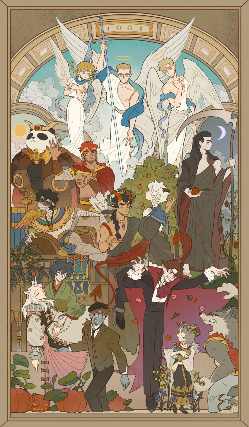 4girls 6+boys :d absurdres abu_(all_saints_street) all_saints_street ancient_egyptian_clothes ancient_greek_clothes angel angel_wings animal_ear_fluff animal_ears anna_(all_saints_street) anthony_(all_saints_street) apple arm_up armor ascot axe axel_backer bandaged_arm bandaged_head bandaged_neck bandages beard_stubble bird black_cape black_cloak black_footwear black_hair black_hat black_jacket black_necktie black_pants black_sclera blonde_hair blue_flower blue_skin braid brother_and_sister brothers brown_hair brown_horns brown_jacket bush newsboy_cap cape cat_girl chain character_request chinese_commentary clenched_teeth cloak closed_eyes closed_mouth cloud collared_shirt colored_sclera colored_skin commentary_request crescent_moon crystal_(all_saints_street) cuffs damao_(all_saints_street) dark-skinned_male dark_skin demon_boy demon_tail earrings evan_angel everyone eyepatch facial_hair fang fang_out fangs feathered_wings fence flower flower_wreath food frilled_sleeves frills fruit full_body goat_legs greco-roman_clothes green_eyes green_kimono green_sash grey_hair grin hair_over_shoulder halo hand_on_own_chest hands_up hat head_wreath highres holding holding_axe holding_food holding_fruit holding_scythe holding_sword holding_weapon hoop_earrings horns horse_ears ira_blood jack-o&#039;-lantern jacket japanese_clothes jewelry kimono laurel_crown leaf lily_angel long_hair long_sleeves long_sword looking_at_another looking_up low_ponytail luis_bite lynn_angel medium_hair momo_(all_saints_street) moon multiple_boys multiple_girls mummy neck_ruff necklace necktie neil_bowman nick_holt nipples obi official_art open_clothes open_jacket open_mouth outstretched_arm pale_skin panda pants pink_flower plant pointy_ears ponytail puffy_sleeves pumpkin purple_flower red_ascot red_cape red_eyes red_flower red_hair red_horns red_tail roman_clothes russian_clothes sash scythe shackles shirt shoes short_hair siblings side_braid sideburns single_braid single_horn sitting smile stubble sun sword tail teeth thick_eyebrows toga traditional_halo twin_braids two-sided_cape two-sided_fabric u_u unicorn unicorn_girl unicorn_horn vampire very_short_hair weapon white_hair white_shirt white_wings wing_collar wings wolf_boy wolf_ears wolf_girl yellow_eyes zombie