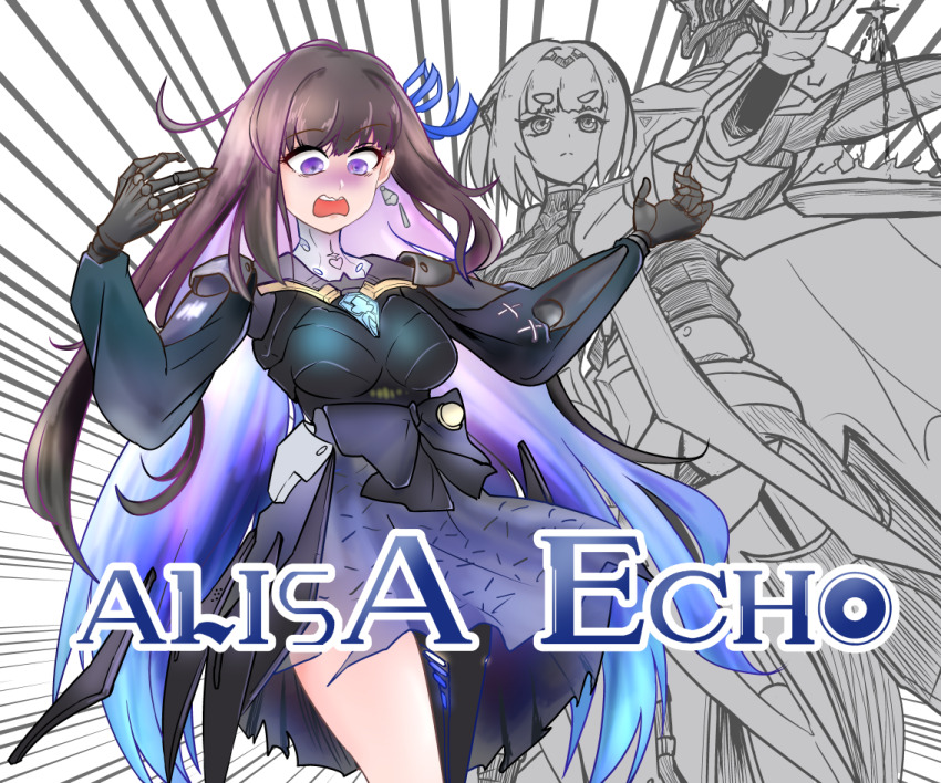 1other 2girls alisa:_echo_(pgr) alisa_(pgr) black_dress blue_hair breasts brown_hair cecilie_(pgr) character_name clothing_cutout colored_inner_hair dorinhakawaii dress hair_intakes helmet humanoid_robot long_hair mechabare mechanical_hands mechanical_legs medium_breasts multicolored_hair multiple_girls open_mouth punishing:_gray_raven purple_eyes purple_hair robot scared selena:_tempest_(pgr) selena_(pgr) single_mechanical_leg teeth thick_eyebrows upper_teeth_only very_long_hair