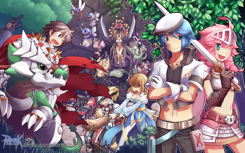 3boys 4girls ant_girl arch_bishop_(ragnarok_online) argiope argos_(ragnarok_online) armored_skirt bee beetle beetle_king belt beret black_hat black_pants black_scarf blue_dress blue_eyes blue_hair blush boobplate braid breastplate breasts brown_hair bug cape chonchon cleavage cleavage_cutout closed_mouth clothing_cutout club club_(weapon) coat copyright_notice cowboy_shot crop_top cross crossed_arms dragon dragon_tail_(ragnarok_online) dragonfly dress dual_wielding ferus_(ragnarok_online) fishnet_thighhighs fishnets fly gauntlets gloves golden_thief_bug grey_belt hat highres holding holding_club holding_sword holding_weapon hornet_(ragnarok_online) hunter_fly ikeya_(higumake) insect juliet_sleeves killer_mantis large_breasts logo long_hair long_sleeves looking_at_viewer low_twin_braids mask masked maya_(ragnarok_online) medium_breasts mid_(ragnarok_online) midriff minstrel_(ragnarok_online) mistress_(ragnarok_online) multiple_boys multiple_girls navel official_art official_wallpaper one_eye_closed open_mouth pants pink_hair plume praying_mantis puffy_sleeves queen_scaraba ragnarok_online red_cape red_coat red_scarf reins riding_dragon rune_(ragnarok_online) rune_knight_(ragnarok_online) sash scarf shirt short_hair smile smiley_face spider spiked_club spiked_pauldrons steel_chonchon striped_clothes striped_scarf sword thief_bug thighhighs torn_cape torn_clothes tree tricorne twin_braids two-tone_dress ungoliant_(ragnarok_online) visor_(armor) wasp weapon white_dress white_gloves white_hat white_scarf white_shirt white_thighhighs yellow_sash