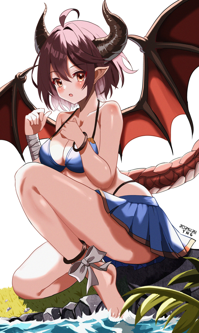 1girl absurdres ahoge ankle_ribbon bare_shoulders bikini bikini_skirt blue_bikini blush breasts brown_eyes cleavage collared_shirt commentary_request dragon_girl dragon_horns dragon_tail dragon_wings granblue_fantasy grea_(shingeki_no_bahamut) grea_(summer)_(shingeki_no_bahamut) highres horns leg_ribbon looking_at_viewer manaria_friends medium_breasts open_mouth pointy_ears ribbon shirt short_hair solo swimsuit tail white_ribbon wings yanapy