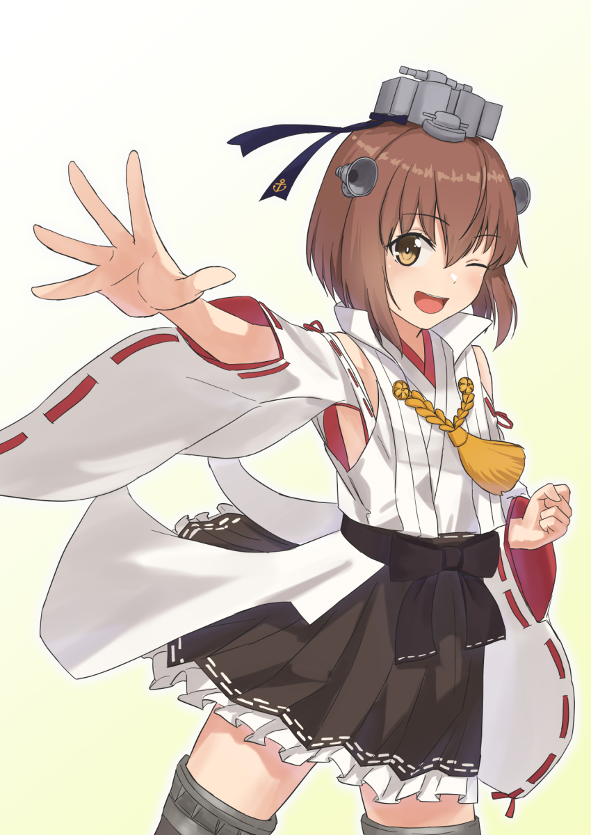 1girl :d anchor_symbol black_skirt black_thighhighs blue_ribbon blush brown_eyes brown_hair commentary_request cosplay detached_sleeves frilled_skirt frills gradient_background hair_between_eyes hair_ribbon headgear highres japanese_clothes kantai_collection kimono kongou_(kancolle) kongou_(kancolle)_(cosplay) medium_hair nontraditional_miko one_eye_closed open_mouth outline pleated_skirt red_ribbon ribbon ribbon-trimmed_sleeves ribbon_trim skirt sleeveless sleeveless_kimono smile socks solo standing teeth thighhighs upper_teeth_only white_background white_outline white_socks yellow_background yuki_4040 yukikaze_(kancolle) zettai_ryouiki