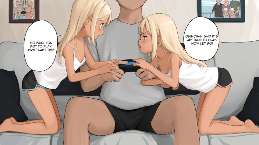 1boy 2girls alternate_language arguing barefoot black_shorts blonde_hair blue_eyes breasts brother_and_sister brown_eyes camisole commentary commentary_request controller couch english_commentary english_text faceless faceless_male feet game_controller grey_shirt head_out_of_frame kneeling kuroshiro00 leaning_forward lisa_(kuroshiro00) long_hair luna_(kuroshiro00) mixed-language_commentary multiple_girls open_mouth original photo_(object) pillow playing_games shirt short_shorts short_sleeves shorts siblings sisters sitting small_breasts speech_bubble thighs twins white_camisole