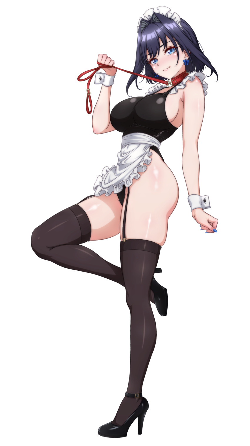 1girl absurdres alternate_costume apron black_hair black_leotard black_shoes blue_eyes blue_hair breasts closed_mouth collar commentary english_commentary full_body garter_straps hair_intakes high_heels highres holding_own_leash hololive hololive_english large_breasts leotard looking_at_viewer maid_apron maid_headdress ouro_kronii p-nekoe red_collar shoes short_hair simple_background smile solo standing standing_on_one_leg strappy_heels thighhighs virtual_youtuber white_background
