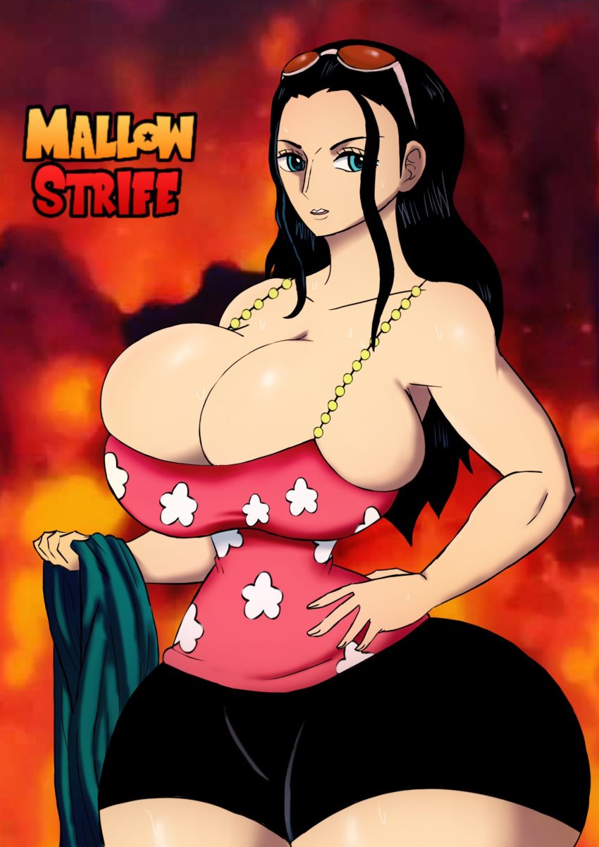 1girl artist_name ass bare_shoulders black_hair blue_eyes breasts camisole cleavage cowboy_shot curvy floral_print hand_on_own_hip highres huge_ass huge_breasts long_hair looking_at_viewer mallowstrife nico_robin nico_robin_(punk_hazard) one_piece punk_hazard short_shorts shorts smile thighs unworn_clothes