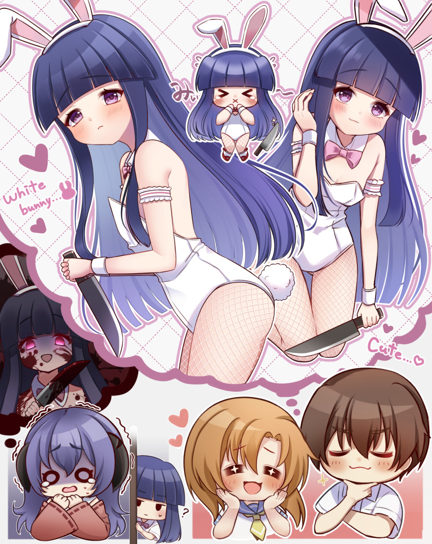 &gt;_&lt; 0_0 1boy 3girls ? animal_ears bare_shoulders blood blood_on_face bloody_knife bloody_weapon blue_hair blunt_bangs blunt_ends blush bow bowtie brown_hair chibi closed_eyes crazy crazy_eyes crazy_smile detached_collar detached_sleeves dot_nose embarrassed english_text fake_animal_ears fake_tail female_pervert fishnet_pantyhose fishnets flat_chest frills furude_rika gluteal_fold hair_over_shoulder hanyuu heart highres higurashi_no_naku_koro_ni hime_cut holding holding_knife holding_weapon horns imagining japanese_clothes kitchen_knife knife leotard long_bangs long_hair long_sleeves looking_at_viewer maebara_keiichi mary_janes miko multiple_girls multiple_views nekko_(nxtuko) official_alternate_costume open_mouth orange_hair oversized_breast_cup pantyhose parted_bangs pervert pink_bow playboy_bunny purple_eyes purple_hair rabbit_ears rabbit_tail raised_eyebrows ryuuguu_rena scared school_uniform serafuku shirt shoes short_hair short_sleeves sidelocks smile socks_over_pantyhose speech_bubble star-shaped_pupils star_(symbol) strapless strapless_leotard summer_uniform sweatdrop symbol-shaped_pupils tail tears thinking thought_bubble traditional_bowtie trembling weapon wrist_cuffs
