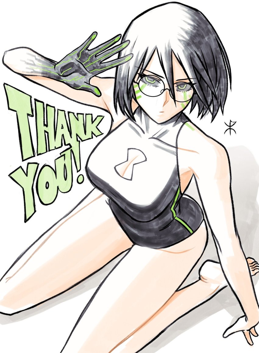 1girl animification apoloniodraws bare_shoulders barefoot ben_10 black_hair black_hands black_one-piece_swimsuit black_sclera cleavage_cutout clothing_cutout colored_extremities colored_sclera glasses green_eyes highres humanization kneeling legs looking_at_viewer milestone_celebration omnitrix one-piece_swimsuit short_hair solo swimsuit thank_you thighs upgrade_(ben_10)