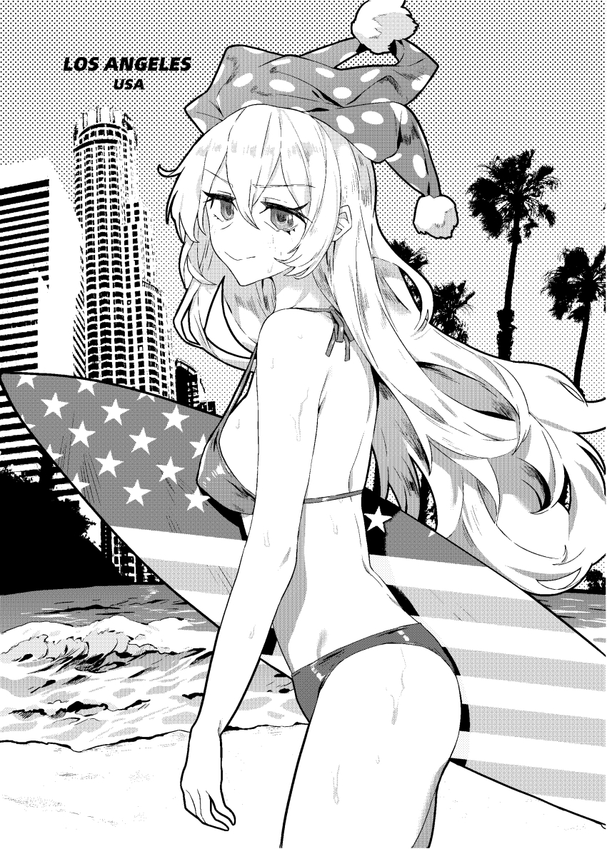 1girl absurdres american_flag american_flag_print beach bikini breasts closed_mouth clownpiece commentary cowboy_shot flag_print greyscale hair_between_eyes hat highres holding holding_surfboard jester_cap long_hair looking_at_viewer looking_to_the_side los_angeles medium_breasts monochrome ocean outdoors pom_pom_(clothes) senmura solo surfboard swimsuit touhou very_long_hair water