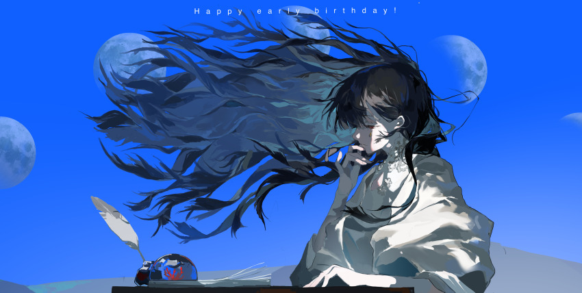 1girl absurdres black_hair blue_sky chinese_commentary cleavage_cutout closed_mouth clothing_cutout commentary commentary_request coral english_commentary english_text floating_hair happy_birthday highres inkwell jewel_under_eye kuma_(yoooooooo152) long_hair mixed-language_commentary moon_phases original outdoors papers paperweight procreate_(medium) quill red_eyes shirt sky solo upper_body very_long_hair white_shirt