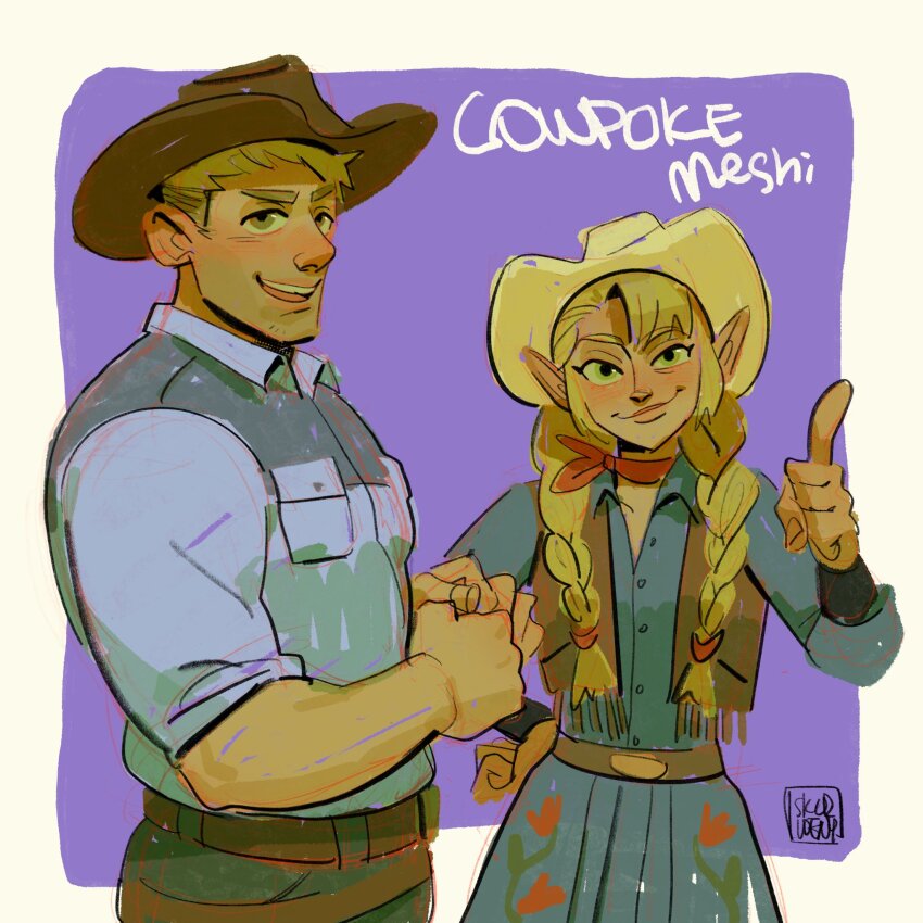 1boy 1girl artist_logo belt blonde_hair border braid breast_pocket brown_belt brown_pants brown_vest closed_mouth collared_dress collared_shirt commentary cowboy_hat cowboy_shot curled_fingers denim_dress dress dungeon_meshi elf english_commentary floral_print fringe_trim green_eyes grey_shirt hand_on_own_hip hat highres laios_touden logo long_sleeves looking_at_viewer marcille_donato neckerchief open_clothes open_mouth open_vest outside_border pants parody pocket pointy_ears purple_background raised_eyebrow red_neckerchief shirt short_hair side_part skcd_loen sketch sleeves_rolled_up smile teeth thumbs_up title_parody twin_braids two-tone_shirt upper_teeth_only vest white_border white_hat white_shirt yellow_eyes