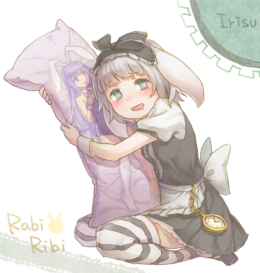 1girl animal_ears blush character_name copyright_name dakimakura_(object) dress erina_(rabi-ribi) fake_animal_ears female_focus green_eyes heart heart-shaped_pupils highres hug irisu_(rabi-ribi) leotard long_hair miya8111 open_mouth pillow playboy_bunny purple_eyes purple_hair rabbit_ears rabbit_girl rabi-ribi seiza short_hair simple_background sitting smile solo striped_clothes striped_thighhighs symbol-shaped_pupils thighhighs watch white_background white_hair white_thighhighs wrist_cuffs yuri zettai_ryouiki