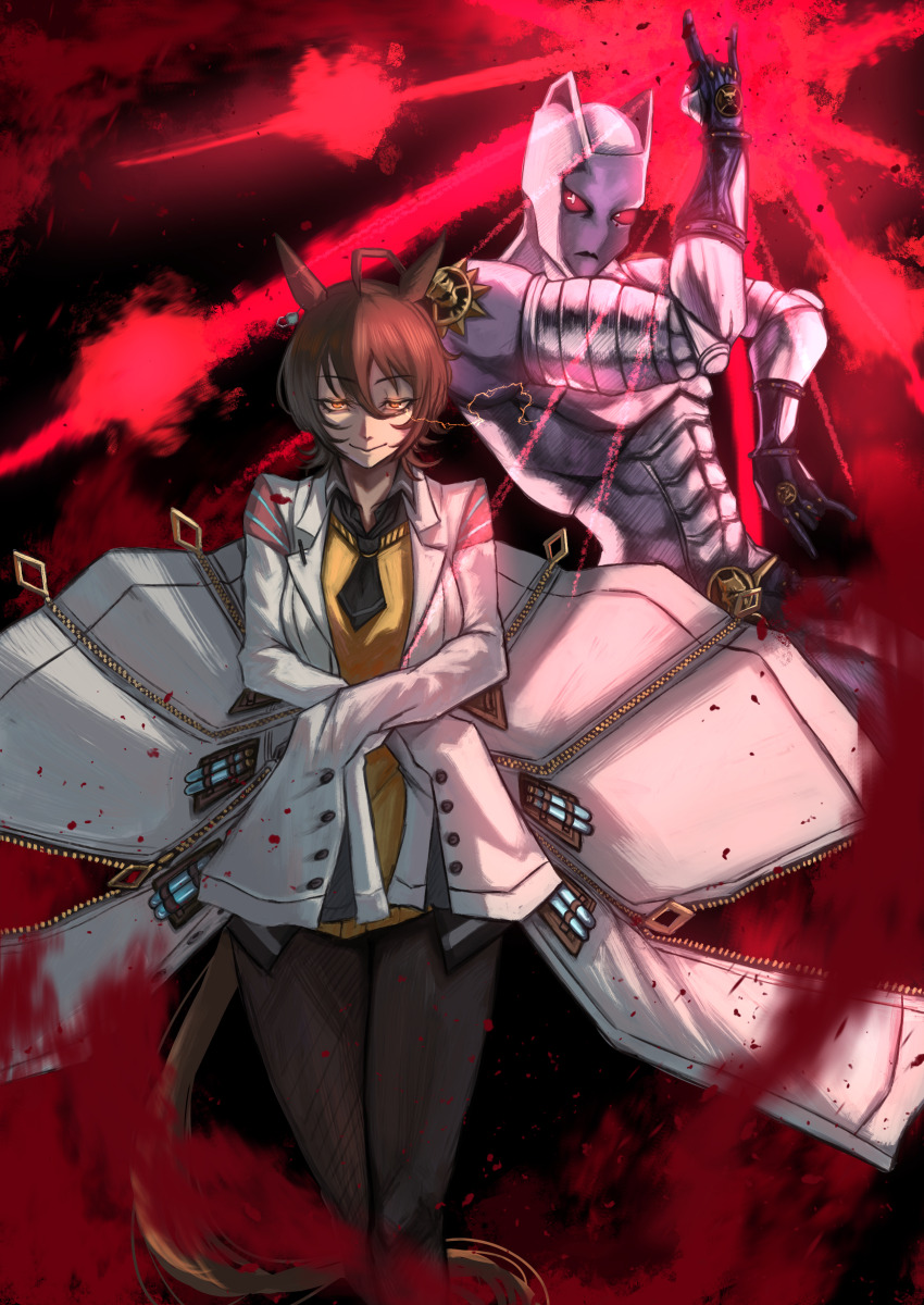 1girl absurdres agnes_tachyon_(umamusume) ahoge animal_ears black_necktie black_shirt brown_eyes brown_hair cat_ears collared_shirt commentary crossover diamond_wa_kudakenai earrings feet_out_of_frame glowing glowing_eyes hair_between_eyes half-closed_eyes hasewo hem_peeking_out highres horse_ears horse_girl horse_tail jewelry jojo_no_kimyou_na_bouken jojo_pose killer_queen kira_yoshikage&#039;s_pose_(jojo) long_sleeves necktie pantyhose red_eyes shirt short_hair short_necktie single_earring sleeves_past_fingers sleeves_past_wrists smile sweater tail test_tube umamusume yellow_sweater zipper zipper_pull_tab