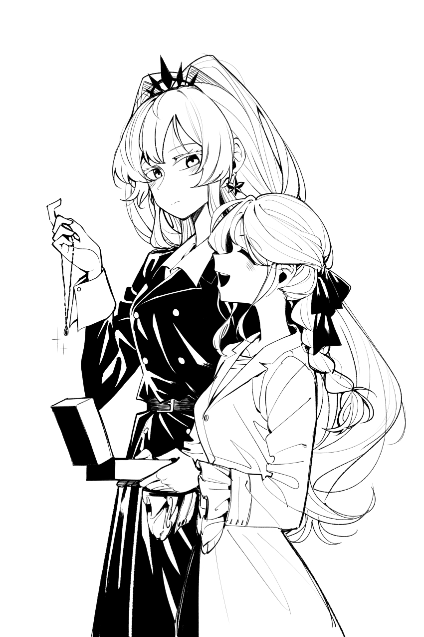2girls absurdres black_dress black_gemstone blush bow braid dress earrings gem genkai_ol-san_wa_akuyaku_reijou-sama_ni_tsukaetai hair_ornament highres jewelry lapis_tenebrae long_hair looking_at_another monochrome multiple_girls natori_midori necklace neonfloyd ribbon smile white_background yuri