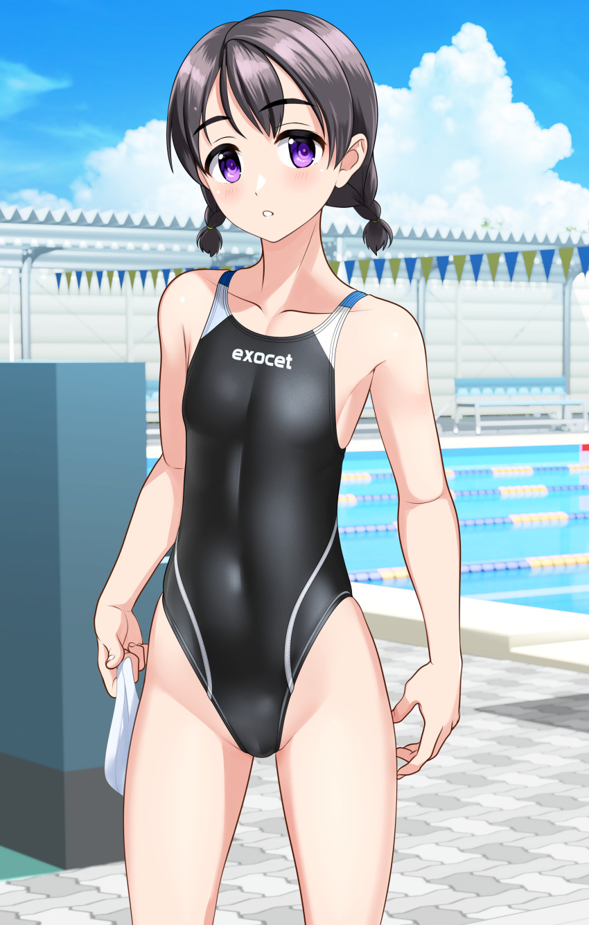 1girl absurdres black_hair black_one-piece_swimsuit blue_sky braid breasts clothes_writing cloud commentary_request competition_swimsuit day feet_out_of_frame highleg highleg_one-piece_swimsuit highres lane_line looking_at_viewer low_twintails medium_hair multicolored_swimsuit one-piece_swimsuit original outdoors pool purple_eyes sky small_breasts solo standing string_of_flags swimsuit takafumi twin_braids twintails unworn_swim_cap variant_set