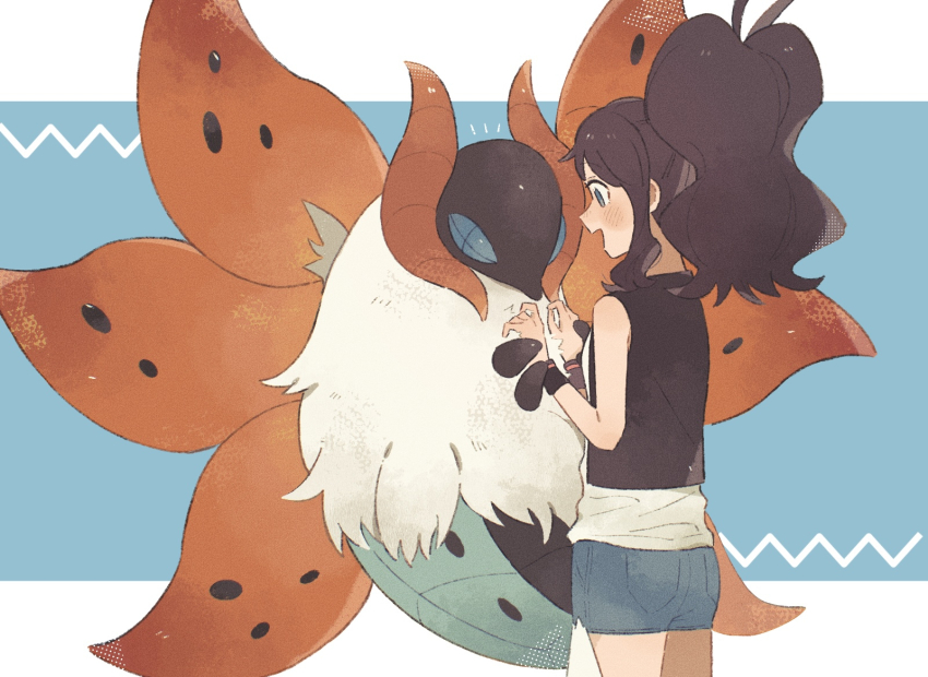 1girl arms_up big_hair blue_eyes blue_shorts brown_hair bug commentary_request gen_5_pokemon high_ponytail highres hilda_(pokemon) hime_(himetya105) insect loose_hair_strand moth multiple_wings nintendo open_mouth pokemon pokemon_bw ponytail shorts smile solo standing volcarona wings