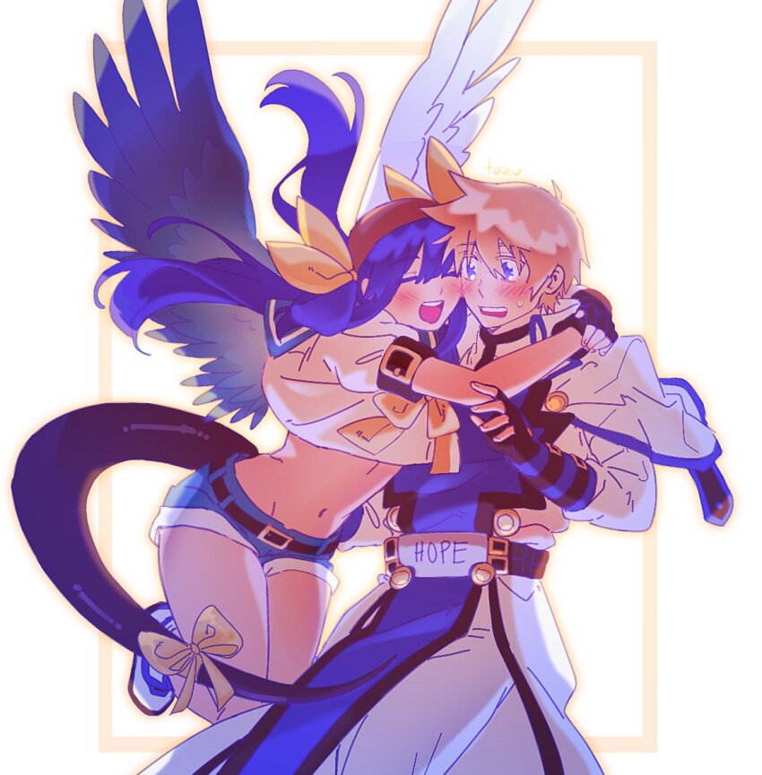 1boy 1girl angel_wings asymmetrical_wings bandana belt_buckle blonde_hair blue_eyes blush buckle closed_eyes dizzy_(guilty_gear) guilty_gear guilty_gear_xx hug ky_kiske navel ribbon short_hair short_shorts shorts simple_background tail tail_ornament tail_ribbon tazuransi wings yellow_ribbon