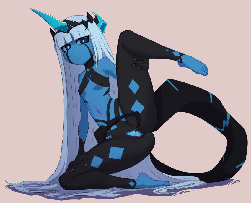 001_(darling_in_the_franxx) 1girl barefoot blue_eyes blue_hair blue_horns breasts feet highres horns presenting presenting_pussy small_breasts spicy_bardo tagme tail