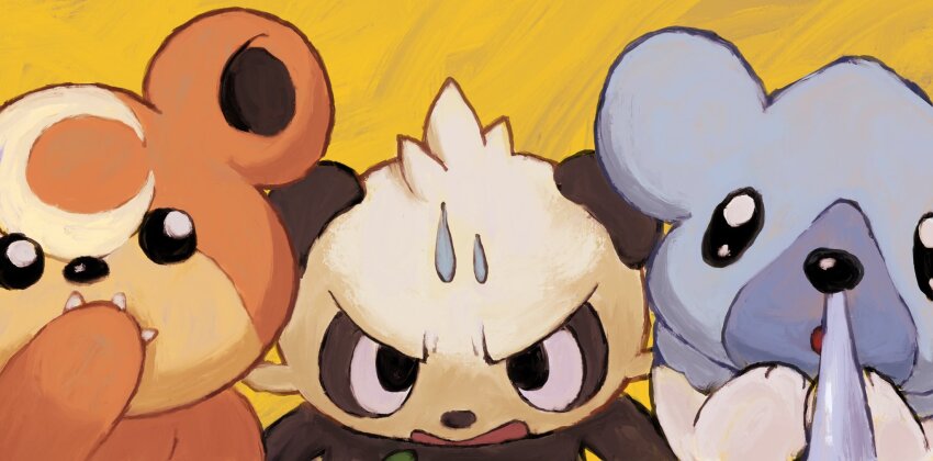 black_fur blue_fur cubchoo gen_2_pokemon gen_5_pokemon gen_6_pokemon highres looking_at_viewer nintendo no_humans orange_fur pancham panha pokemon pokemon_(creature) teddiursa two-tone_fur white_fur yellow_background
