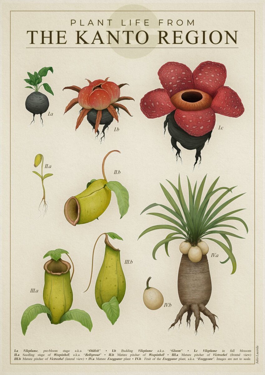 bellsprout border commentary english_commentary english_text exeggcute exeggutor food fruit gen_1_pokemon gloom_(pokemon) highres information_sheet julio_lacerda label nintendo no_humans oddish pitcher_plant plant poke_ball_symbol pokemon realistic victreebel vileplume weepinbell