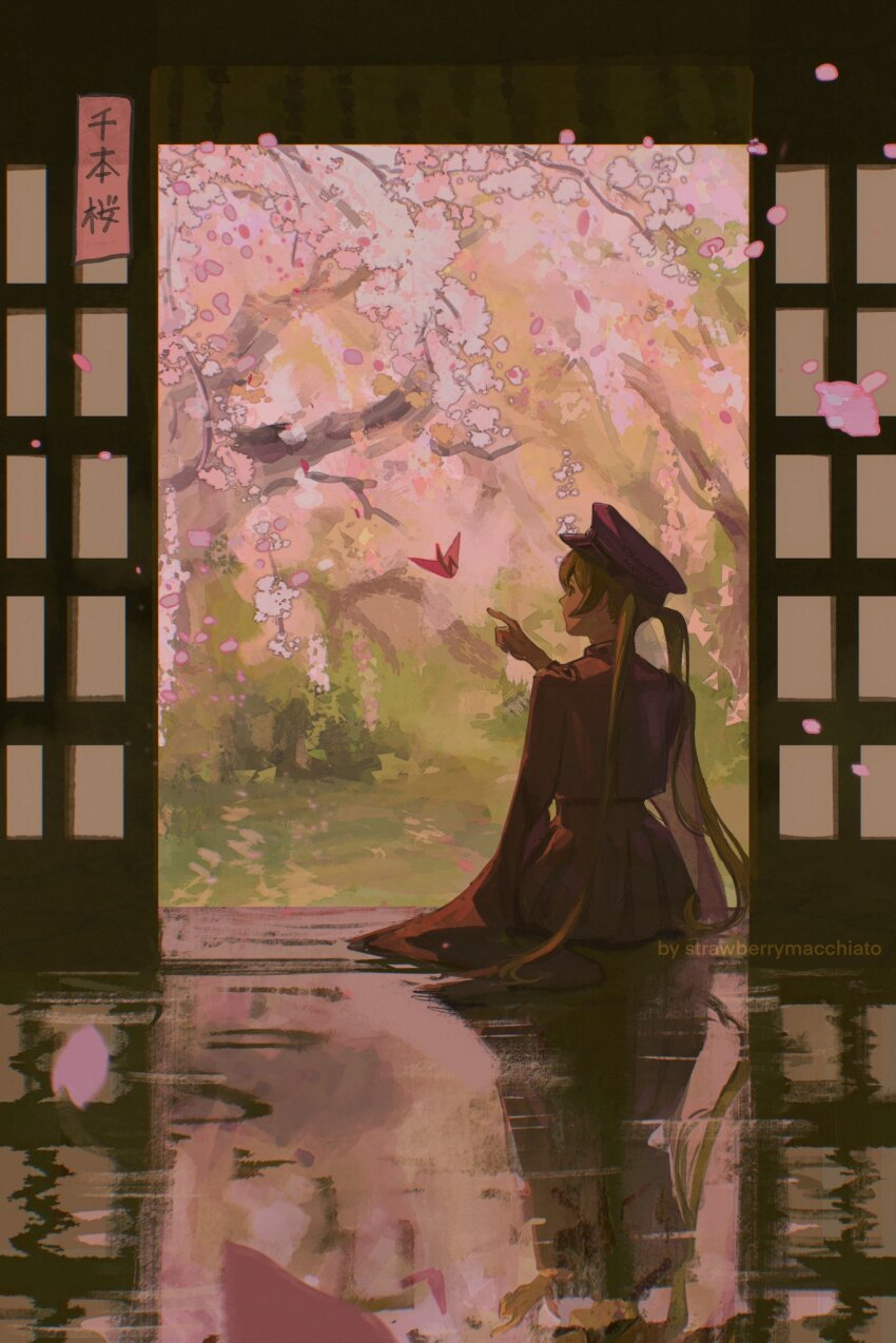 1girl architecture cherry_blossoms commentary east_asian_architecture english_commentary falling_petals green_hair hat hatsune_miku hatsune_miku_(ichi_no_sakura_oka) highres index_finger_raised long_hair open_door origami paper_crane petals pink_petals purple_hat purple_skirt reflective_floor sberrymacchiato senbonzakura_(vocaloid) shirt_tucked_in sitting skirt solo twintails veranda vocaloid wide_sleeves