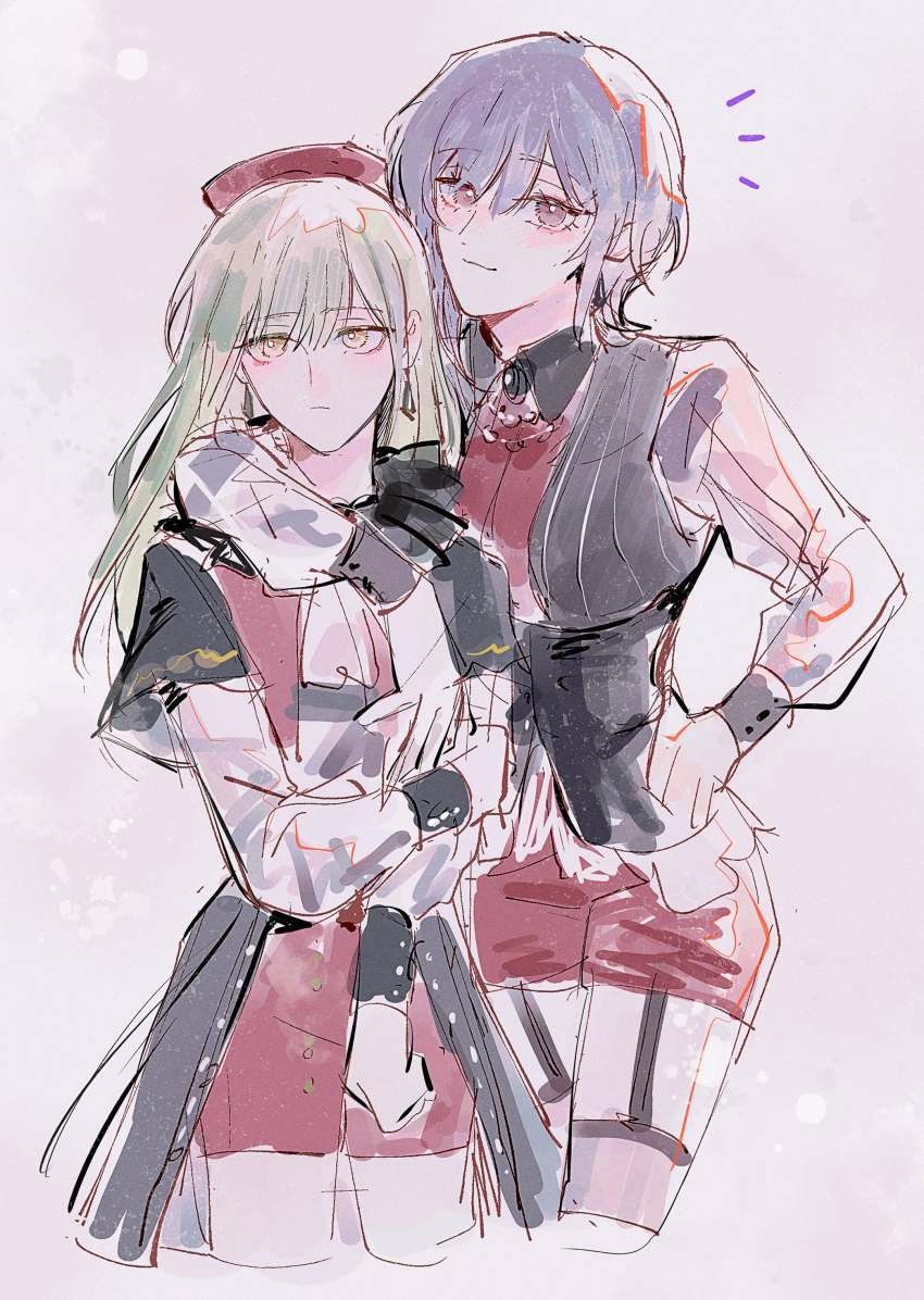 2girls absurdres amoris_(bang_dream!) bang_dream! bang_dream!_it&#039;s_mygo!!!!! beret black_brooch black_skirt black_vest blush closed_mouth commentary cropped_legs garter_straps green_hair hand_around_neck hand_on_own_hip hat highres jewelry long_hair long_sleeves maybecrosswise multiple_girls necklace pink_theme purple_hair red_eyes red_hat red_shirt red_shorts shirt short_hair shorts showgirl_skirt skirt vest wakaba_mutsumi yellow_eyes yuutenji_nyamu