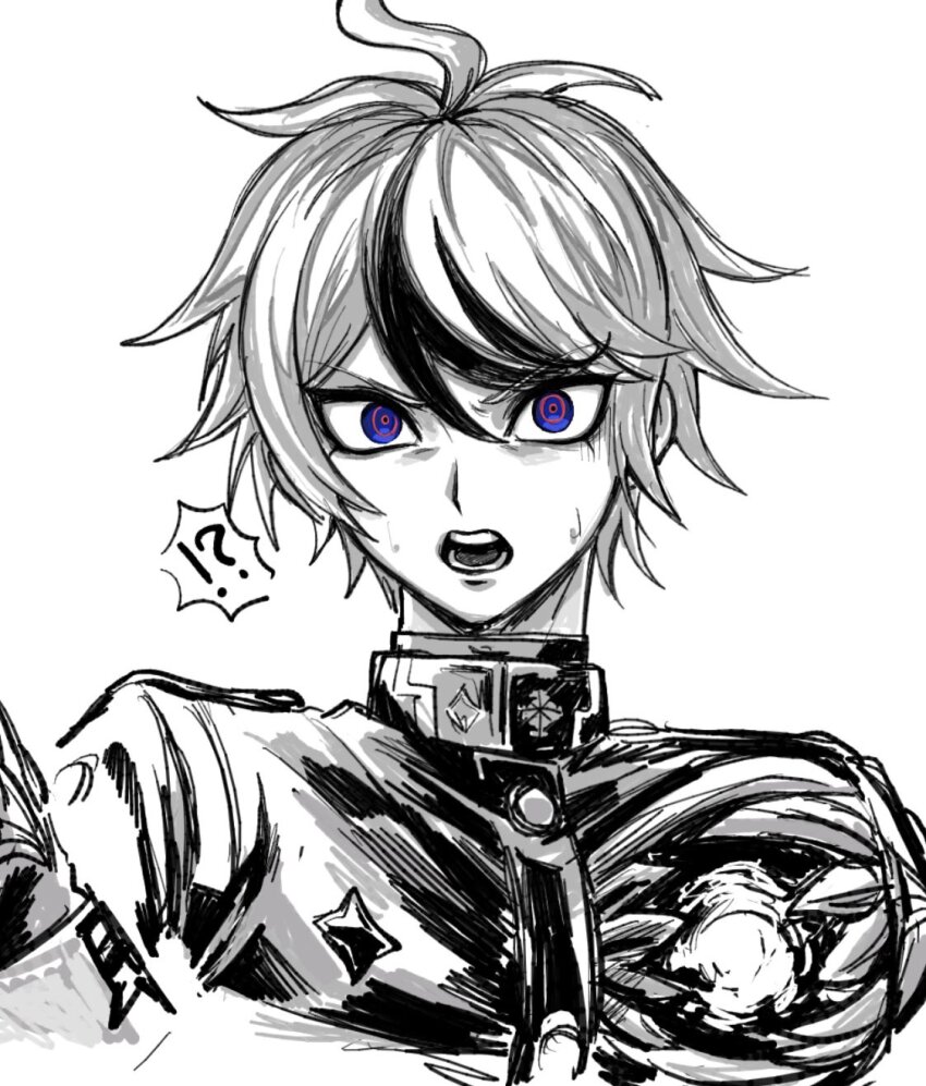 !? 1boy ahoge armband blue_eyes chamuchai gakuran greyscale greyscale_with_colored_eyes highres hole_in_chest hole_on_body last_defense_academy_school_uniform looking_at_viewer male_focus monochrome multicolored_hair portrait school_uniform short_hair simple_background solo spot_color streaked_hair sumino_takumi the_hundred_line_-last_defense_academy-