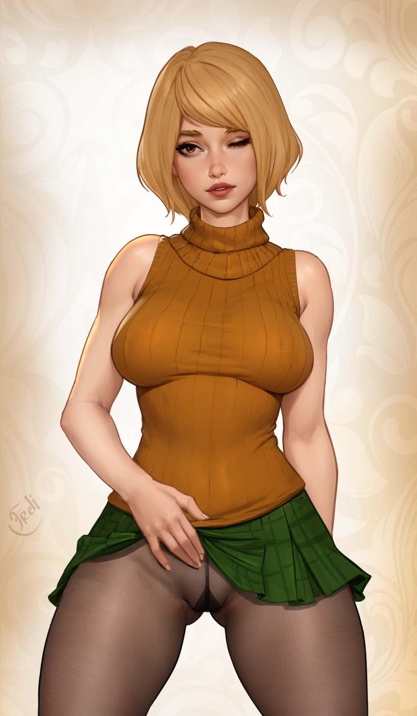 1girl arm_behind_back ashley_graham bare_arms bare_shoulders blonde_hair breasts brown_pantyhose cowboy_shot freli gluteal_fold green_skirt hand_on_own_stomach highres lips looking_at_viewer medium_breasts miniskirt one_eye_closed orange_sweater pantyhose parted_lips pleated_skirt resident_evil resident_evil_4 short_hair signature skirt sleeveless sleeveless_turtleneck solo spread_legs sweater turtleneck yellow_eyes
