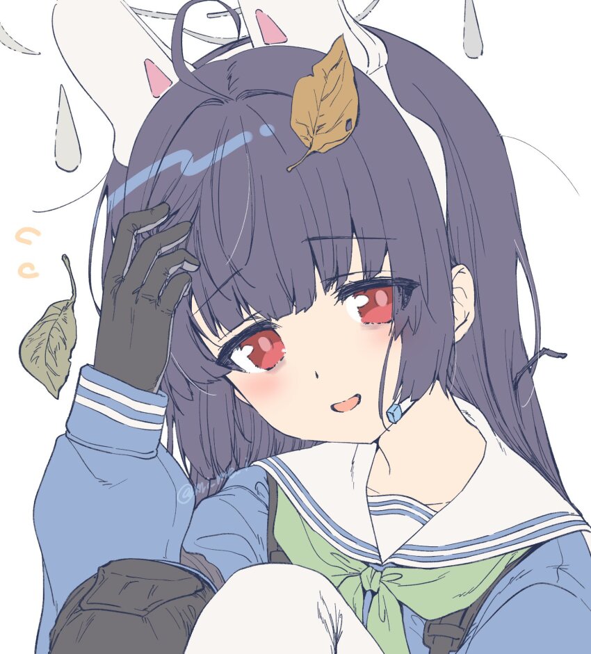 1girl :d ahoge animal_ears black_gloves black_hair blue_archive blue_shirt blunt_bangs blunt_ends commentary fake_animal_ears flying_sweatdrops gloves green_neckerchief grey_halo halo hand_on_own_head hand_up highres hime_cut kuroi_mimei leaf leaf_on_head light_blush long_hair long_sleeves looking_at_viewer miyu_(blue_archive) neckerchief open_mouth rabbit_ears red_eyes sailor_collar school_uniform serafuku shirt sidelocks simple_background sitting smile solo straight_hair upper_body white_background white_sailor_collar