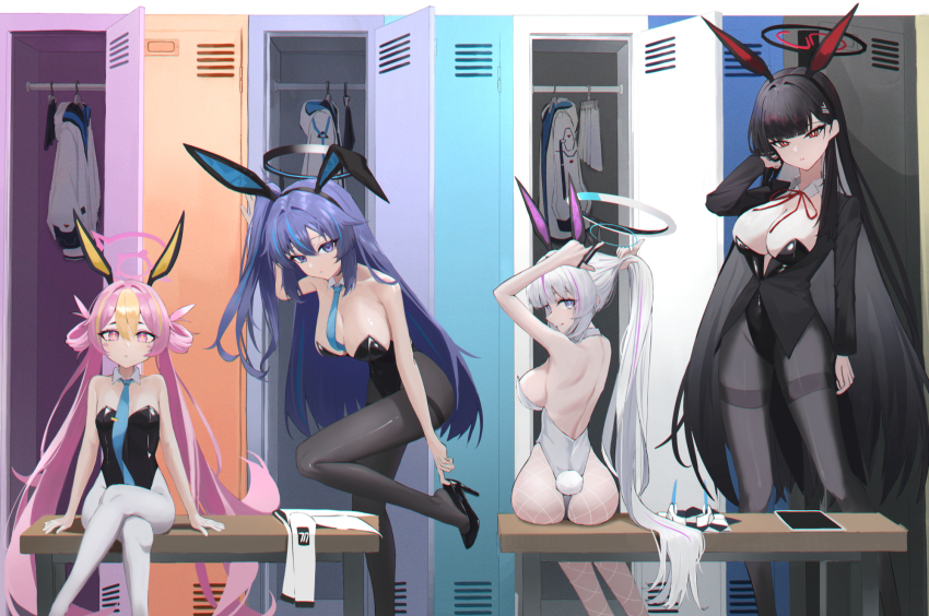 +_+ 4girls adjusting_hair alternate_costume animal_ears black_coat black_hair black_leotard black_pantyhose blonde_hair blue_archive blue_eyes blue_hair blue_necktie breasts coat detached_collar fake_animal_ears fake_tail fishnet_pantyhose fishnets foforo from_behind hair_between_eyes hair_intakes hair_rings high_heels highres indoors koyuki_(blue_archive) koyuki_(bunny)_(blue_archive) large_breasts leotard locker locker_room multiple_girls necktie noa_(blue_archive) one_side_up pantyhose pink_eyes pink_hair playboy_bunny ponytail purple_eyes rabbit_ears rabbit_tail red_eyes rio_(blue_archive) seminar_(blue_archive) sideboob sitting standing strapless strapless_leotard tablet_pc tail thighband_pantyhose twintails white_leotard white_pantyhose yuuka_(blue_archive)