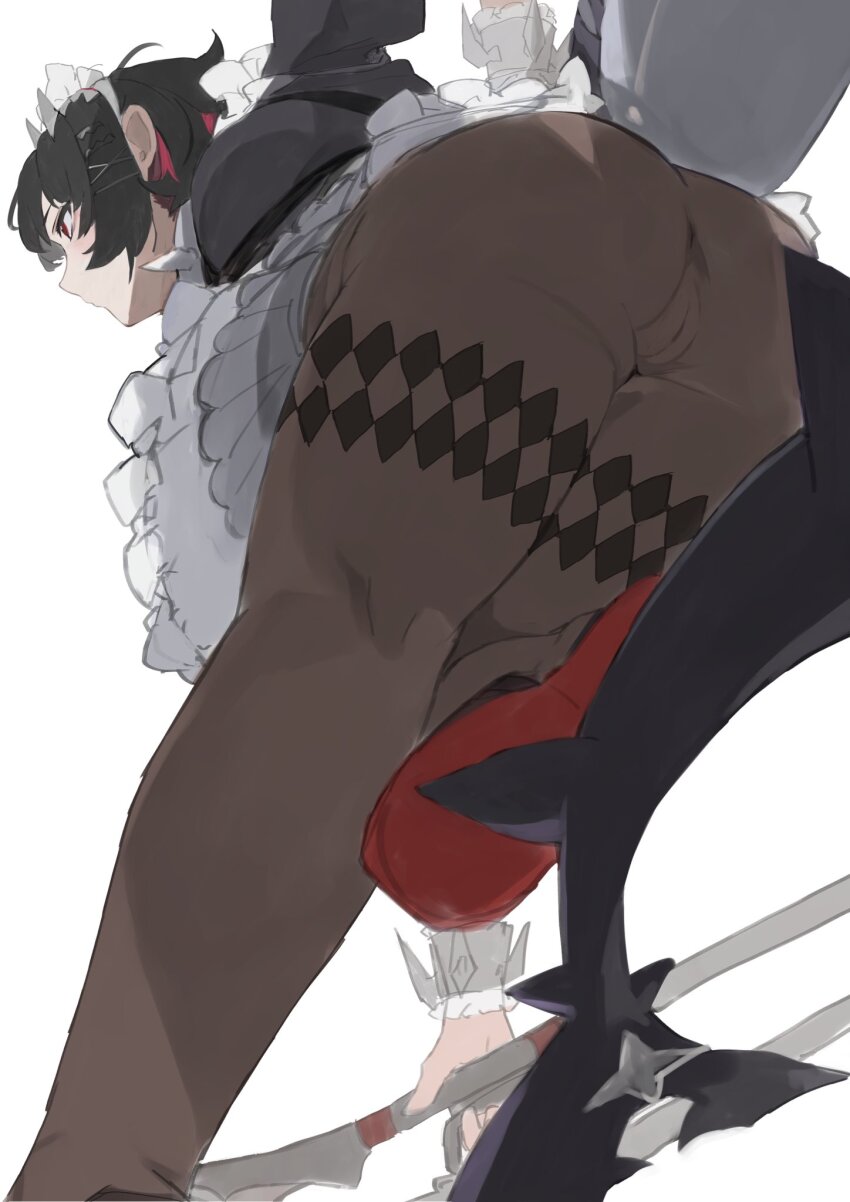 1girl apron ass ass_focus black_dress cameltoe colored_inner_hair dress ellen_joe facing_away fins fish_tail frilled_apron frills from_behind highres maid maid_apron maid_headdress multicolored_hair pantyhose shark_girl shark_tail skirt solo spiked_headband tail thighs tomochi_(tmc_tmc8) white_apron white_background zenless_zone_zero