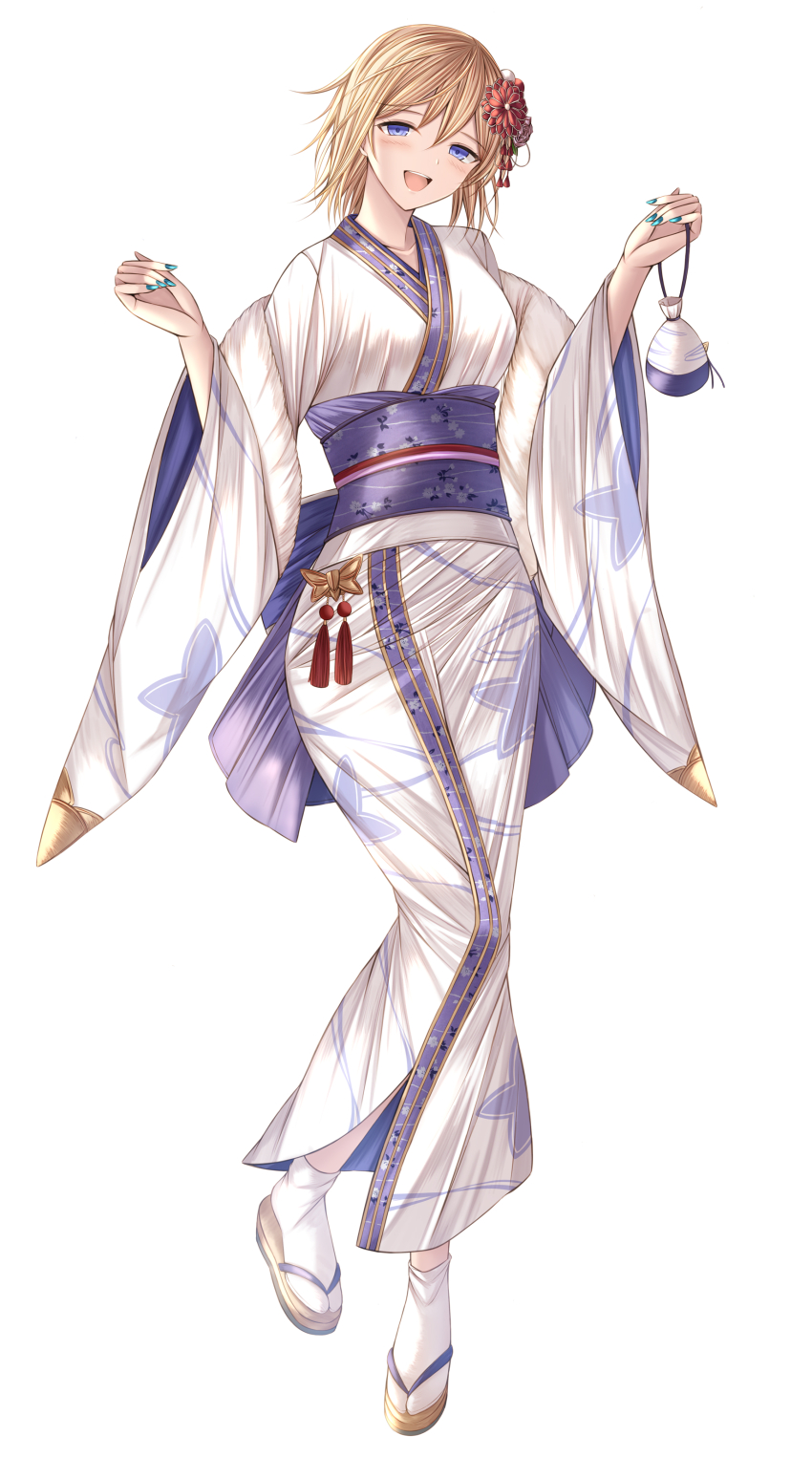 1girl :d absurdres blue_eyes blue_nails blush breasts commentary_request europa_(granblue_fantasy) fingernails flower full_body geta granblue_fantasy hair_flower hair_ornament highres holding japanese_clothes kanpyou_(hghgkenfany) kimono long_fingernails long_sleeves looking_at_viewer medium_breasts nail_polish obi open_mouth pouch print_kimono red_flower sash short_hair simple_background smile solo tabi tassel teeth upper_teeth_only white_background white_kimono wide_sleeves