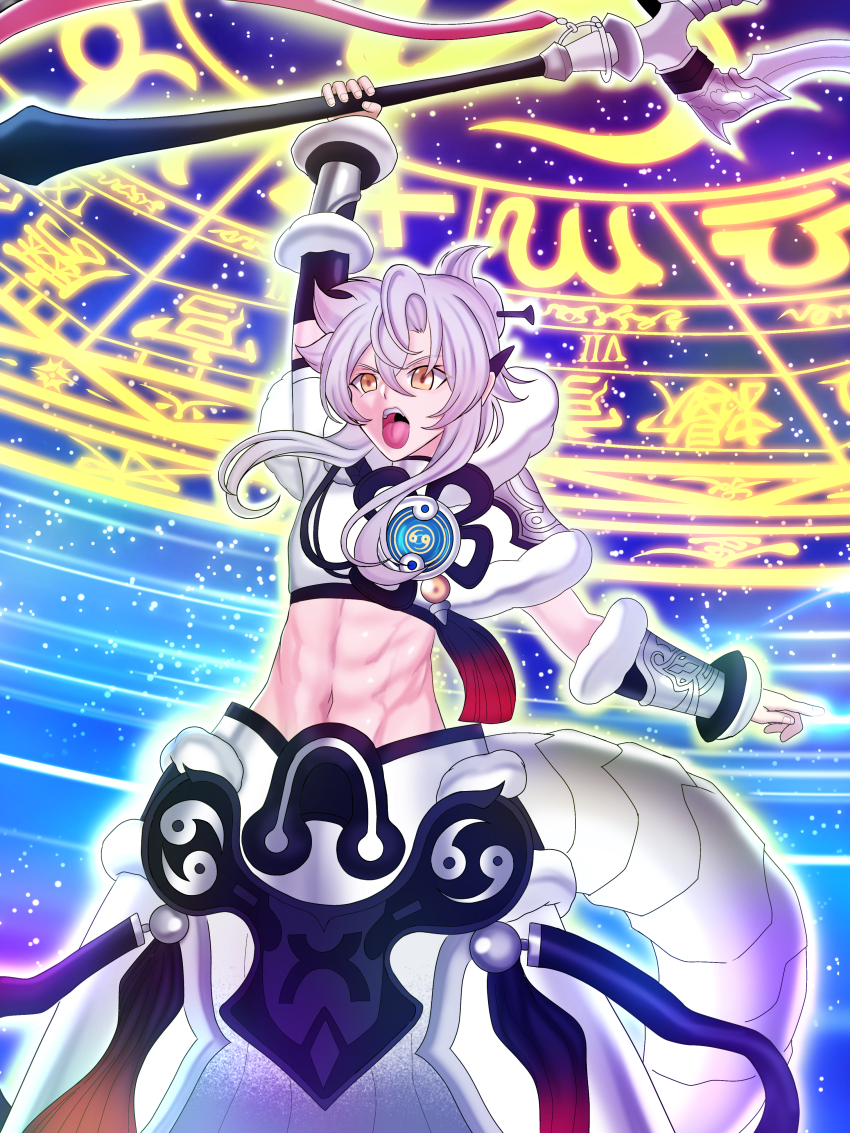 1boy abs absurdres arm_up arm_warmers cancer_(constellation) capelet commentary_request cowboy_shot crop_top cropped_shirt dragon_tail dragon_tale_lucias duel_monster ear_ornament fur-trimmed_capelet fur_trim groin hair_between_eyes hair_bun hair_ornament hair_stick hakama hakama_pants highres holding holding_staff japanese_clothes long_hair male_focus midriff navel open_mouth pants shirt short_sleeves sidelocks solo staff standing suzu_(zsru8573) tail teeth upper_teeth_only vambraces white_capelet white_hakama white_shirt yellow_eyes yu-gi-oh!