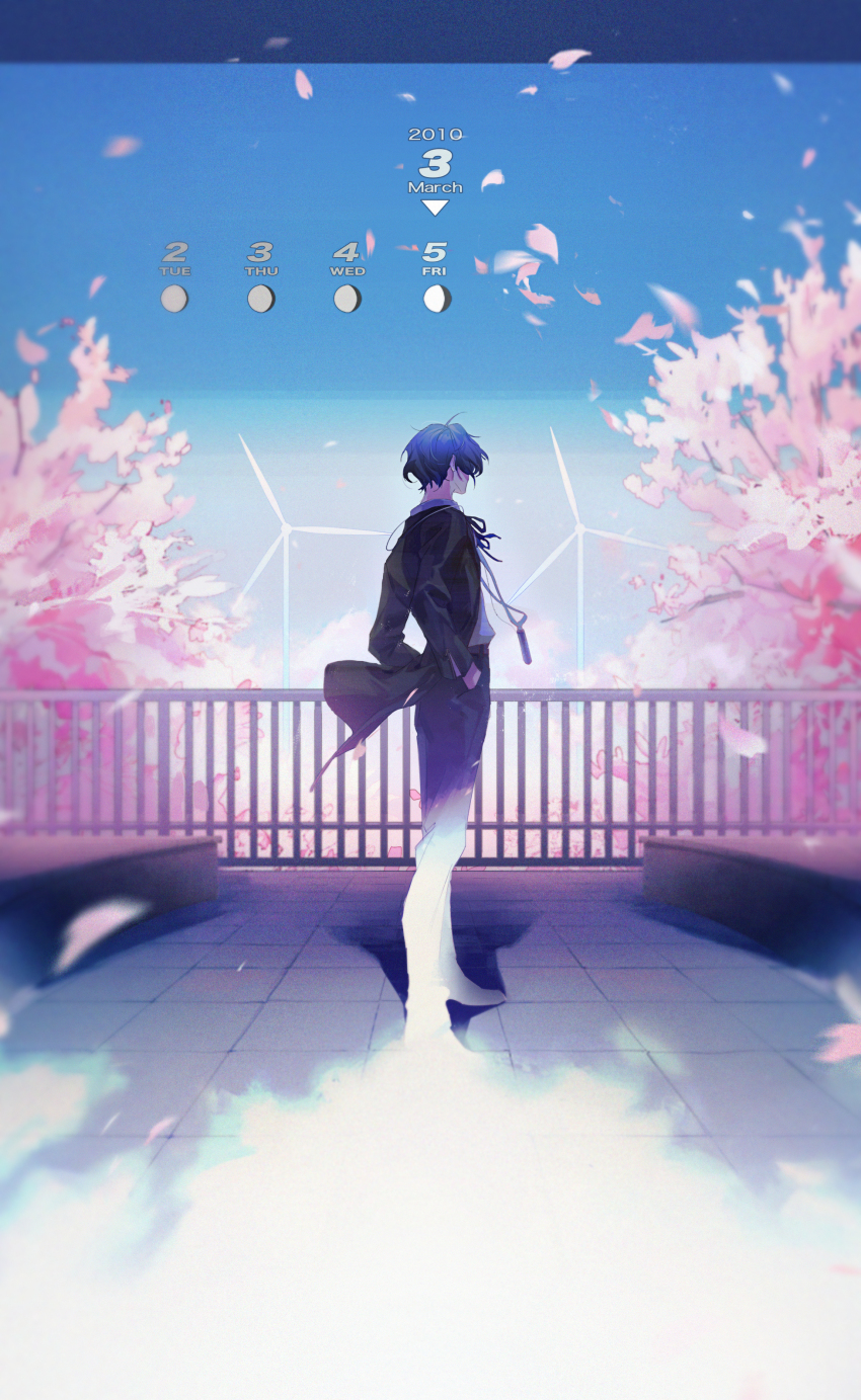 1boy 2010 absurdres bench black_jacket black_pants blue_hair blue_ribbon blue_sky cherry_blossoms digital_media_player falling_petals fence film_grain from_behind full_body gekkoukan_high_school_uniform hands_in_pockets highres jacket long_sleeves male_focus neck_ribbon on_roof open_clothes open_jacket outdoors pants persona persona_3 petals ribbon rooftop school_uniform shirt short_hair sky solo standing tile_floor tiles timestamp tree white_shirt wide_shot windmill yasaiiii_444 yuuki_makoto_(persona_3)