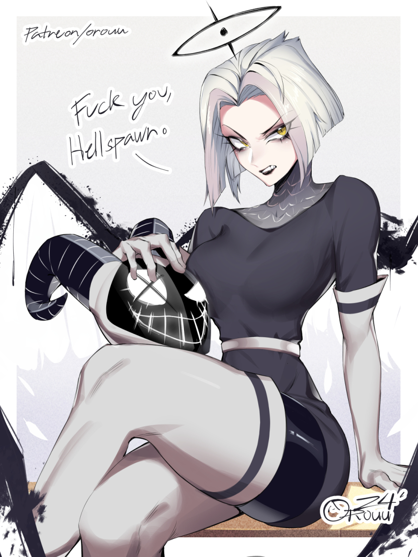 1girl angel angel_wings arm_support artist_name black_halo black_lips crossed_legs english_text eyelashes grey_hair halo hazbin_hotel highres horned_mask horns lute_(hazbin_hotel) mask orouu pale_skin patreon_username profanity short_hair single_horn sitting solo thighhighs unworn_mask wings yellow_eyes